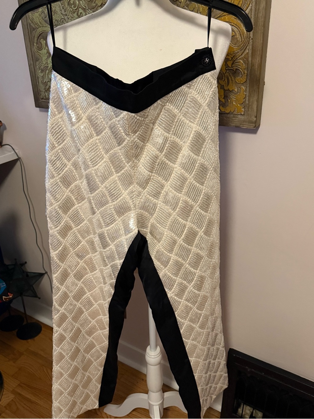 Chanel Silk Sequin Diamond Trousers Ivory Black FR 40